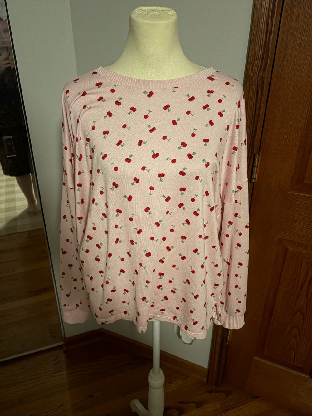 Joyspun pink cherry print long sleeve shirt with red cherries, size XXL #cherryp